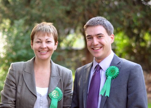 Caroline Lucas, leader of the Green Party of England and Wales, and Adrian Ramsay, deputy leader of the Green Party of England and Wales.