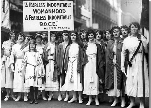 Protesting sufragettes campaigning for equal rights