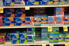 Tampons on a supermarket shelf