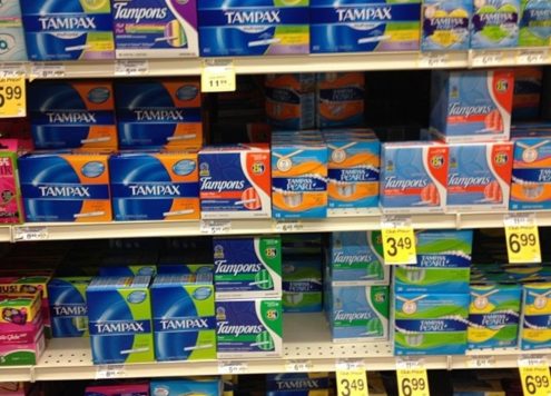 Tampons on a supermarket shelf