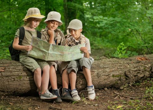 Three young girls sat on a log in the woods reading a map