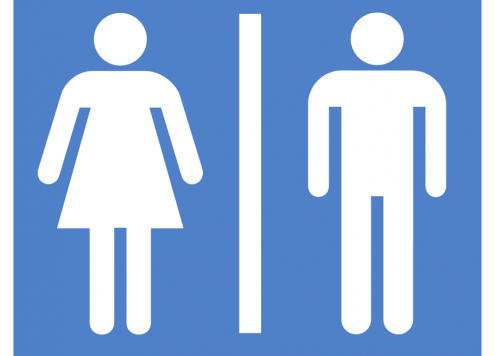 Gendered male and female stick figures on a blue sign.